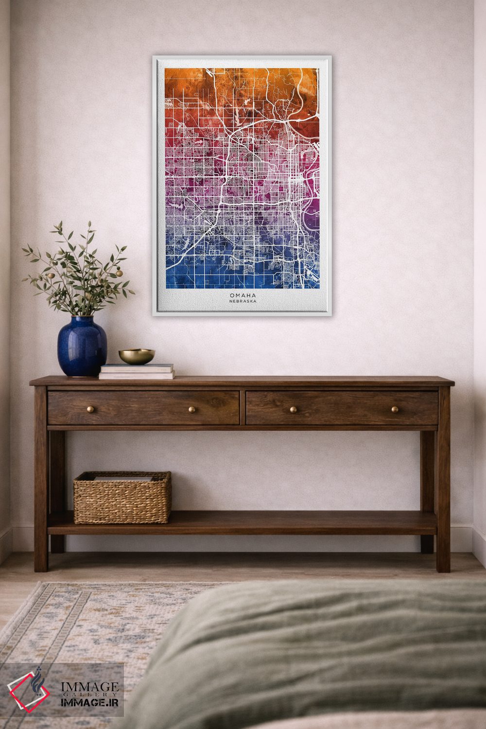 تابلو دکوراتیو نقشه اوماها آبی-صورتی اثر مایکل تامپست - D4W