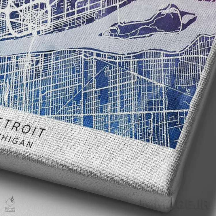 تابلو دکوراتیو نقشه دیترویت آبی-صورتی اثر مایکل تامپست - نمای نزدیک بافت بوم