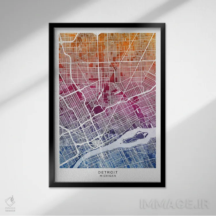تابلو دکوراتیو نقشه دیترویت آبی-صورتی اثر مایکل تامپست - نمای قابدار مشکی