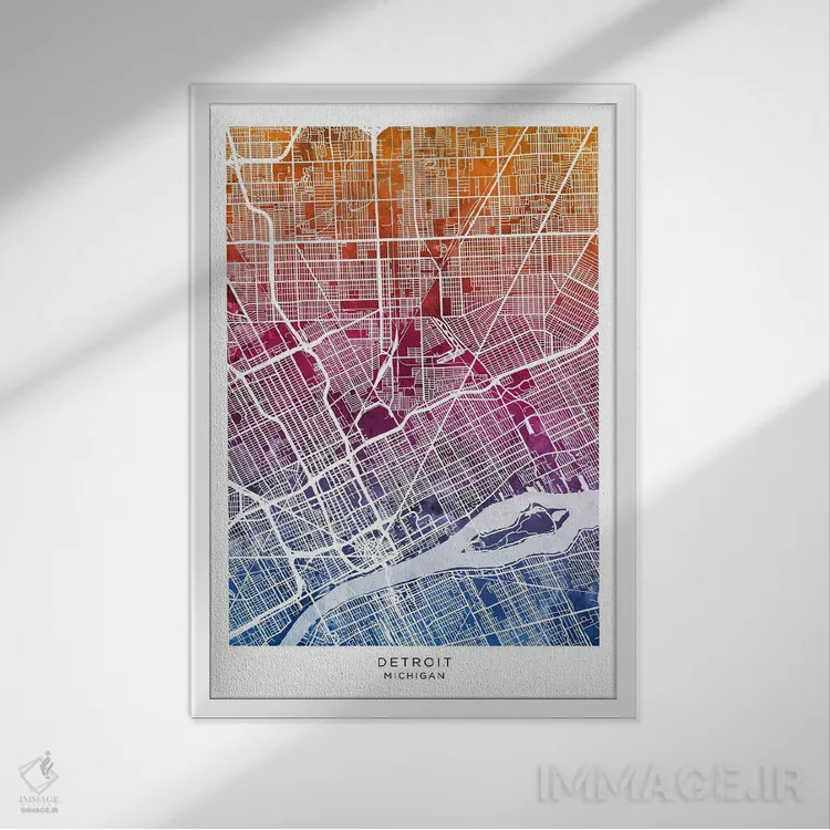 تابلو دکوراتیو نقشه دیترویت آبی-صورتی اثر مایکل تامپست - نمای قابدار سفید
