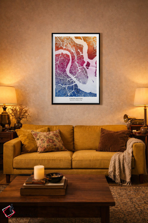 تابلو دکوراتیو نقشه چارلستون آبی-صورتی اثر مایکل تامپست - D3B