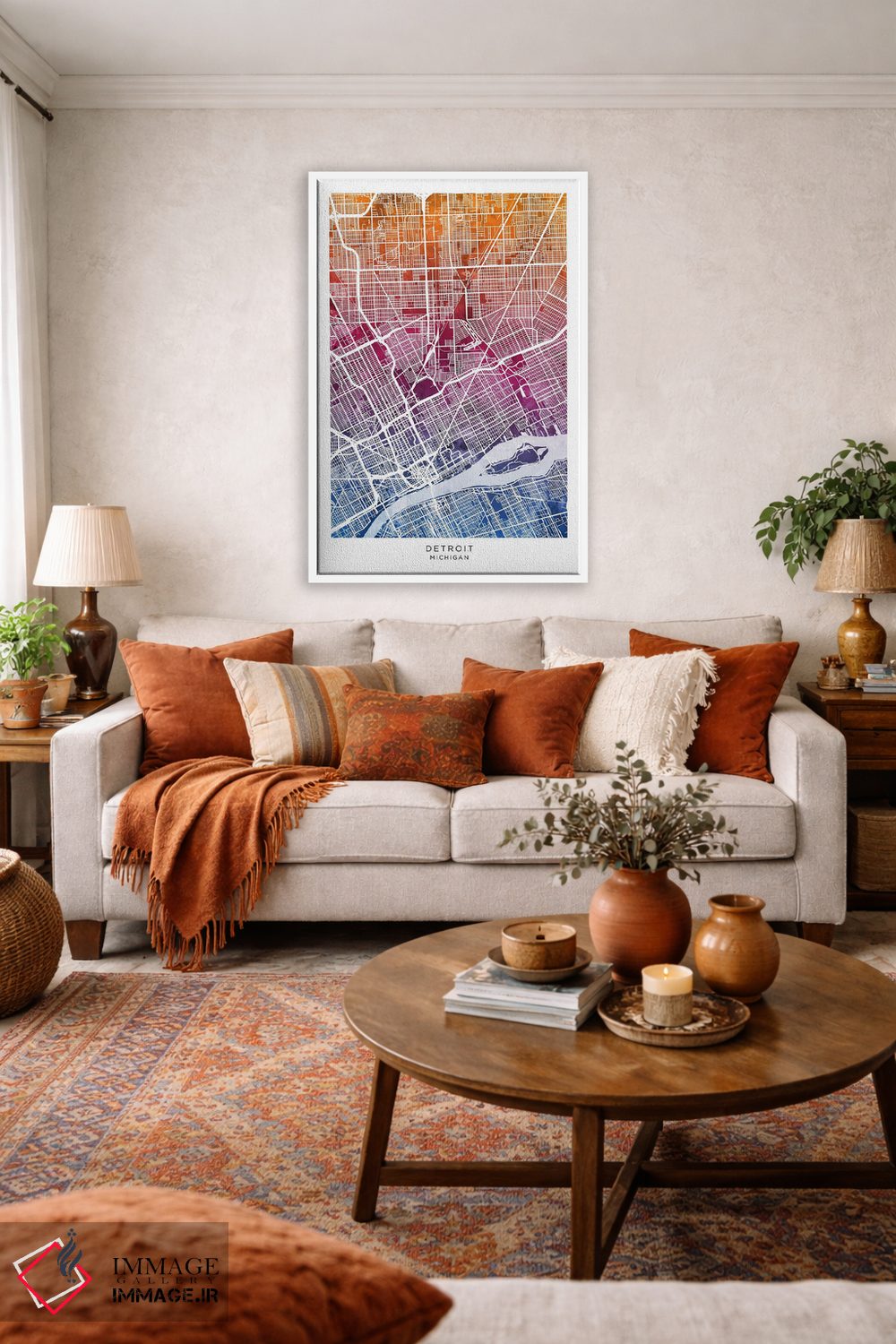 تابلو دکوراتیو نقشه دیترویت آبی-صورتی اثر مایکل تامپست - D2W