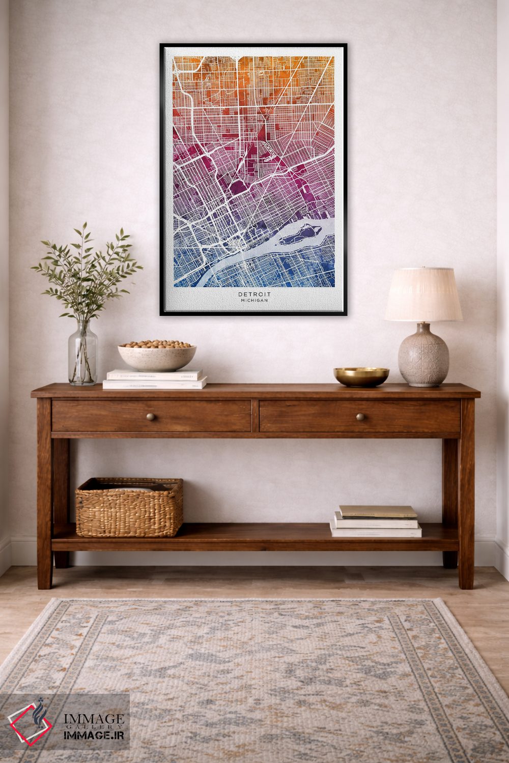 تابلو دکوراتیو نقشه دیترویت آبی-صورتی اثر مایکل تامپست - D4B