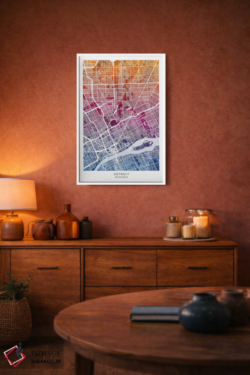 تابلو دکوراتیو نقشه دیترویت آبی-صورتی اثر مایکل تامپست - D3W