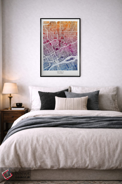 تابلو دکوراتیو نقشه دیترویت آبی-صورتی اثر مایکل تامپست - D6B