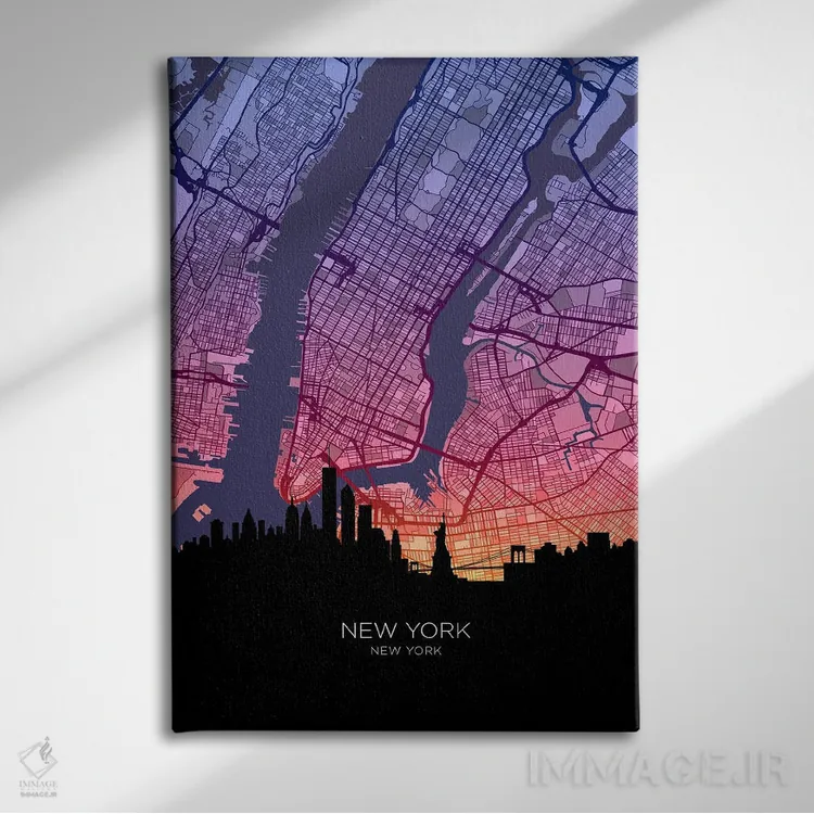 تابلو دکوراتیو نقشه خط افق نیویورک سیتی در غروب آفتاب اثر مایکل تامپست - نمای روبهرو روی دیوار