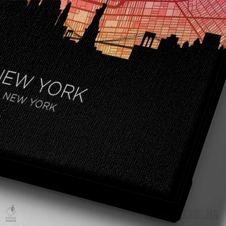 تابلو دکوراتیو نقشه خط افق نیویورک سیتی در غروب آفتاب اثر مایکل تامپست - نمای نزدیک بافت بوم