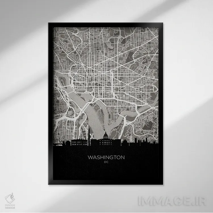تابلو دکوراتیو نقشه خط افق واشینگتن اثر مایکل تامپست - نمای قابدار مشکی