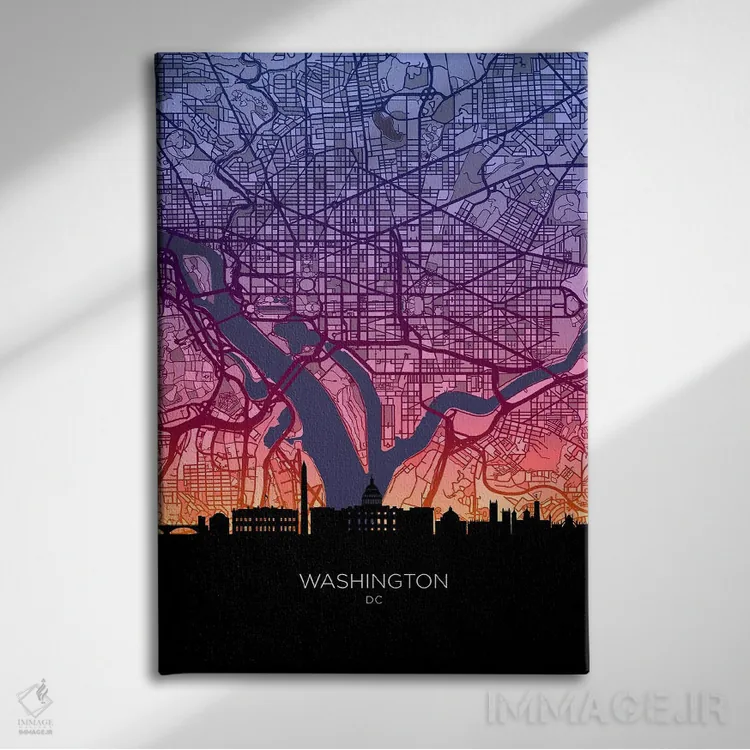 تابلو دکوراتیو نقشه خط افق واشینگتن در غروب آفتاب اثر مایکل تامپست - نمای روبهرو روی دیوار