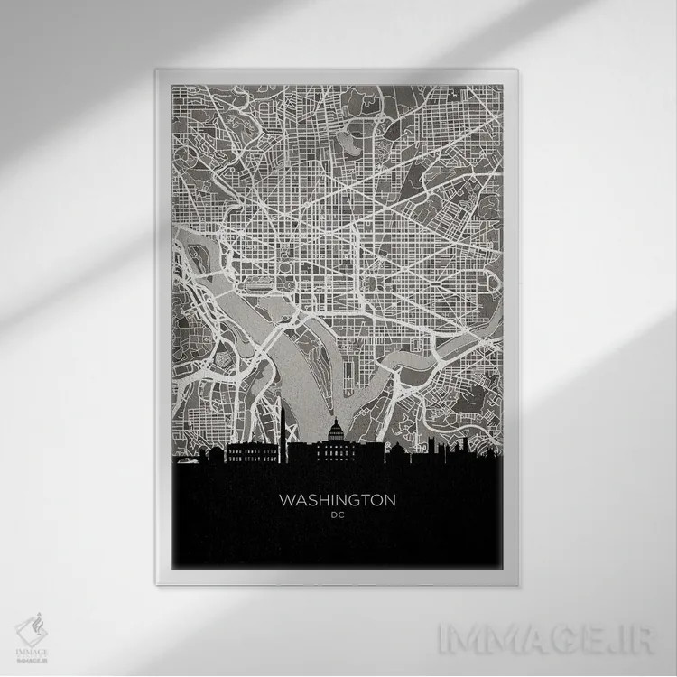 تابلو دکوراتیو نقشه خط افق واشینگتن اثر مایکل تامپست - نمای قابدار سفید