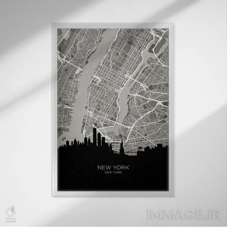 تابلو دکوراتیو نقشه خط افق نیویورک سیتی اثر مایکل تامپست - نمای قابدار سفید