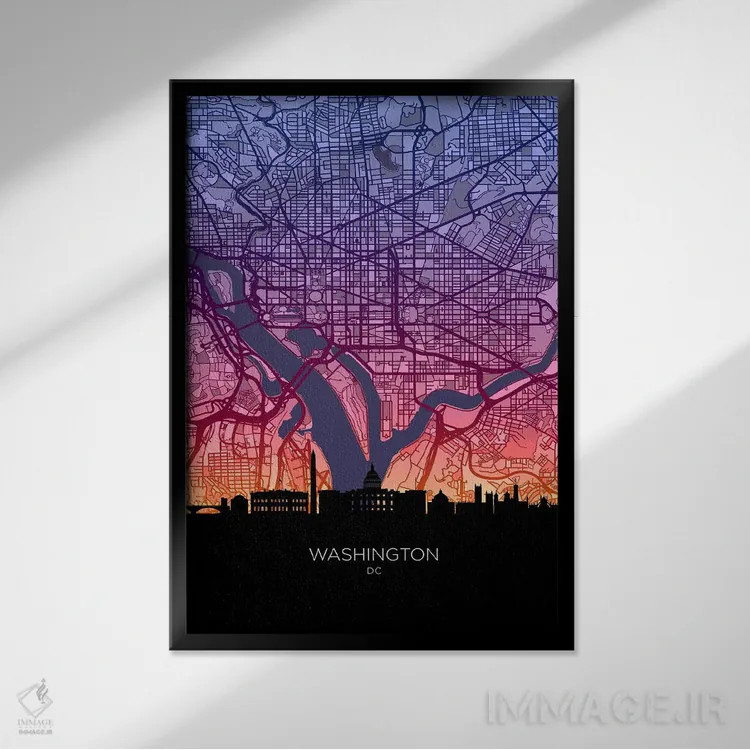 تابلو دکوراتیو نقشه خط افق واشینگتن در غروب آفتاب اثر مایکل تامپست - نمای قابدار مشکی