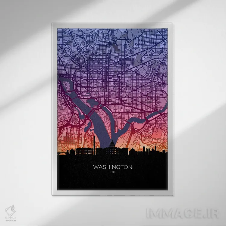 تابلو دکوراتیو نقشه خط افق واشینگتن در غروب آفتاب اثر مایکل تامپست - نمای قابدار سفید