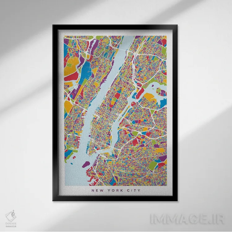 تابلو انتزاعی نقشه خیابان های نیویورک سیتی قدی و رنگارنگ اثر مایکل تامپست - نمای قابدار مشکی