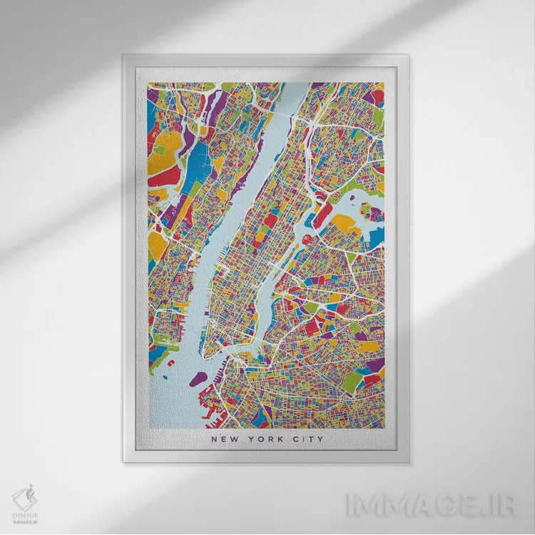 تابلو انتزاعی نقشه خیابان های نیویورک سیتی قدی و رنگارنگ اثر مایکل تامپست - نمای قابدار سفید