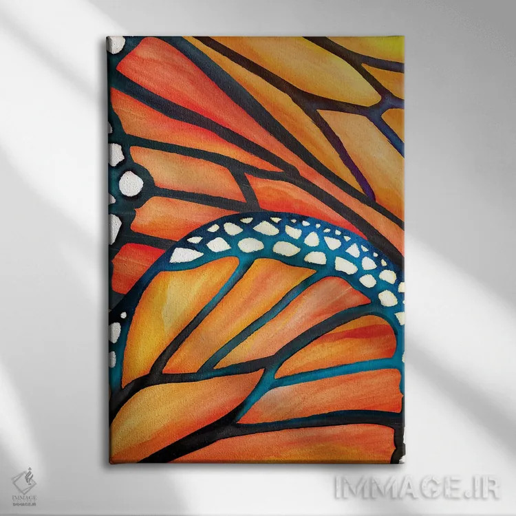 تابلو دکوراتیو پروانه انتزاعی اثر مدرن تروپیکال - نمای روبهرو روی دیوار