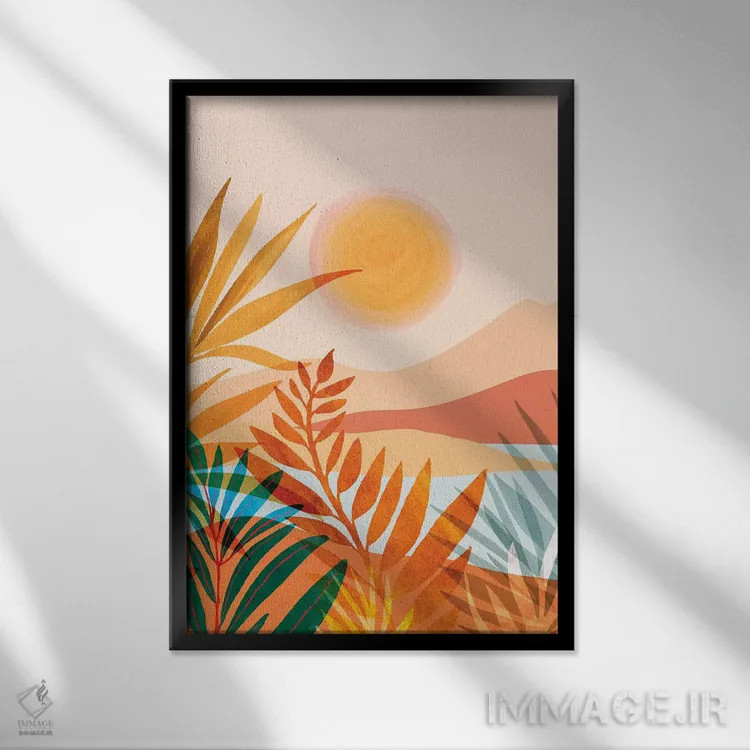 تابلو مدرن باغ طلایی یونانی اثر مدرن تروپیکال - نمای قابدار مشکی