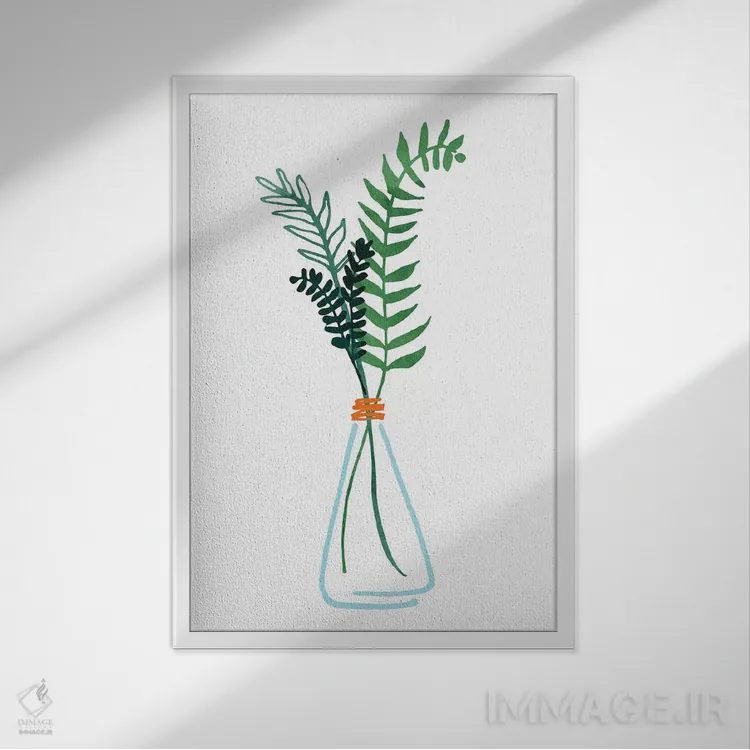 تابلو دکوراتیو شاخه های گیاهان دارویی اثر مدرن تروپیکال - نمای قابدار سفید