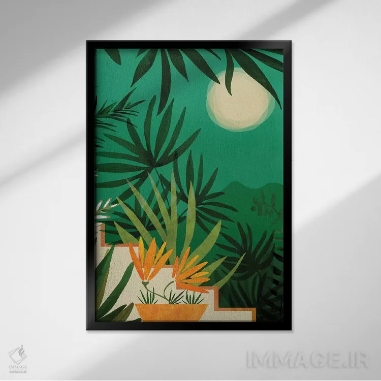 تابلو دکوراتیو منظره شبانه باغ عجیب وغریب اثر مدرن تروپیکال - نمای قابدار مشکی