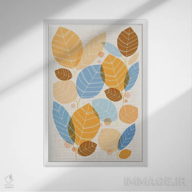 تابلو انتزاعی صنوبر طلایی اثر مدرن تروپیکال - نمای قابدار سفید