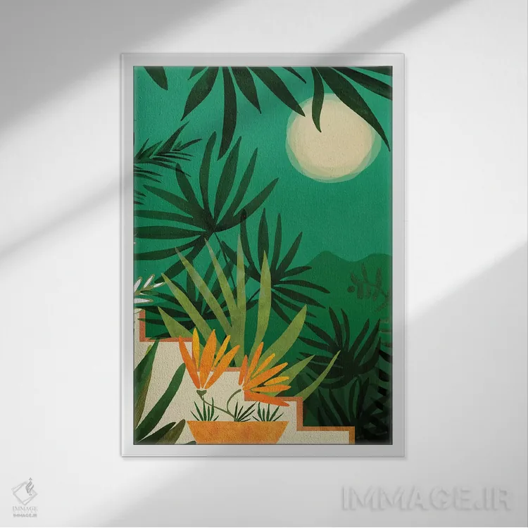 تابلو دکوراتیو منظره شبانه باغ عجیب وغریب اثر مدرن تروپیکال - نمای قابدار سفید