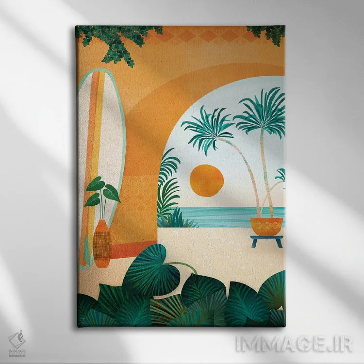 تابلو دکوراتیو اقامتگاه موج سواری کنار دریا اثر مدرن تروپیکال - نمای روبهرو روی دیوار
