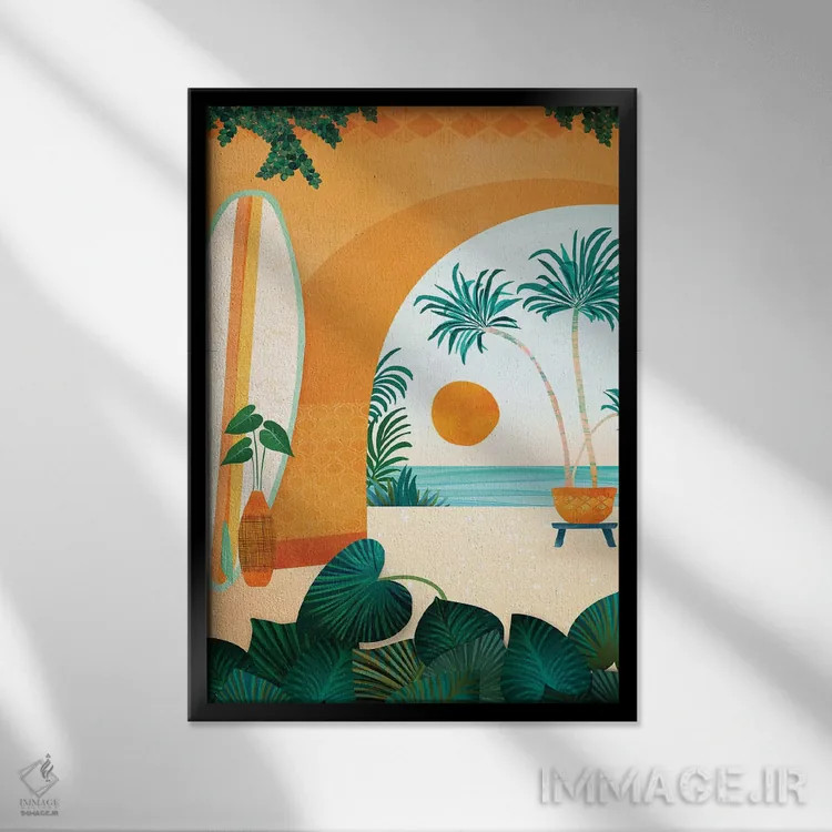 تابلو دکوراتیو اقامتگاه موج سواری کنار دریا اثر مدرن تروپیکال - نمای قابدار مشکی