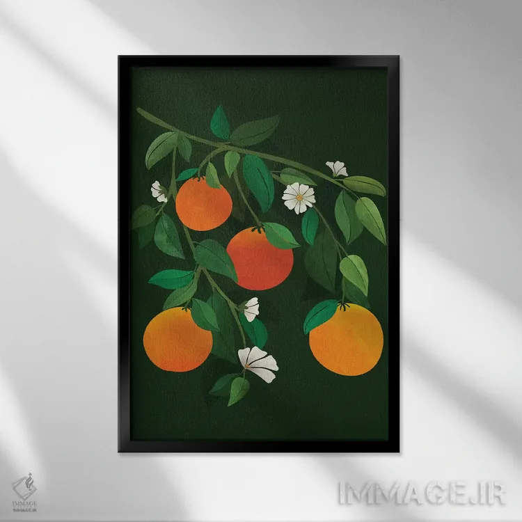 تابلو دکوراتیو پرتقال ها و شکوفه ها اثر مدرن تروپیکال - نمای قابدار مشکی