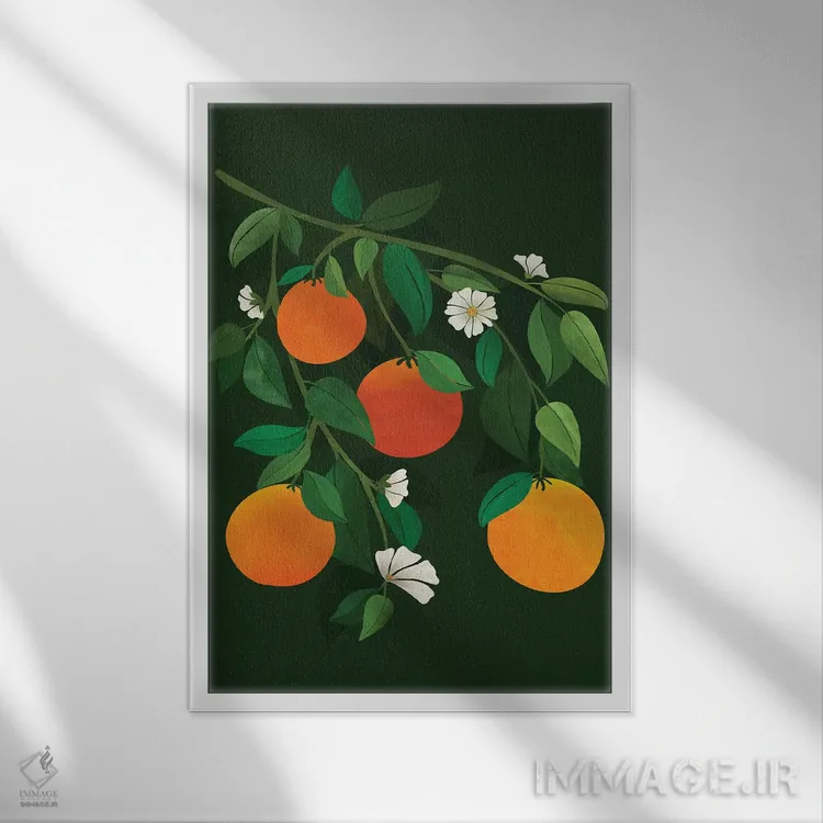تابلو دکوراتیو پرتقال ها و شکوفه ها اثر مدرن تروپیکال - نمای قابدار سفید