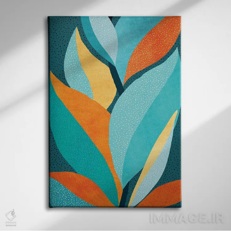 تابلو مینیمال برگ های گرمسیری انتزاعی اثر مدرن تروپیکال - نمای روبهرو روی دیوار