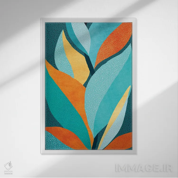 تابلو مینیمال برگ های گرمسیری انتزاعی اثر مدرن تروپیکال - نمای قابدار سفید