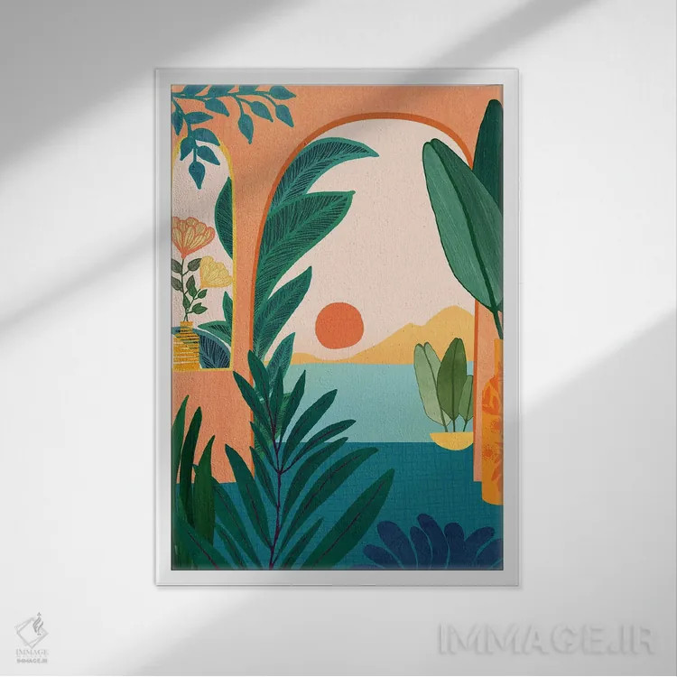 تابلو دکوراتیو عصر گرمسیری اثر مدرن تروپیکال - نمای قابدار سفید