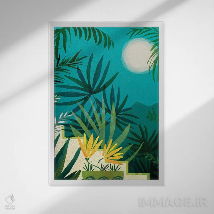تابلو دکوراتیو جنگل بارانی با نور ماه اثر مدرن تروپیکال - نمای قابدار سفید