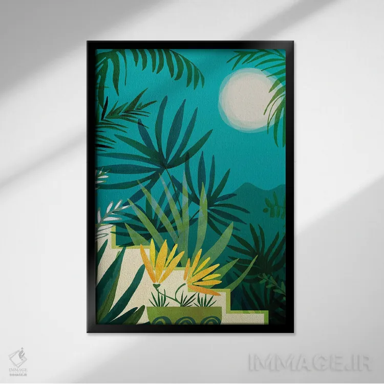تابلو دکوراتیو جنگل بارانی با نور ماه اثر مدرن تروپیکال - نمای قابدار مشکی