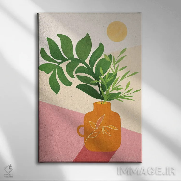 تابلو مینیمال سبزینه و نور خورشید اثر مدرن تروپیکال - نمای روبهرو روی دیوار