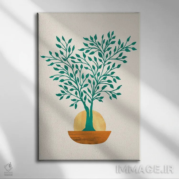 تابلو مدرن غروب زمردی انتزاعی اثر مدرن تروپیکال - نمای روبهرو روی دیوار