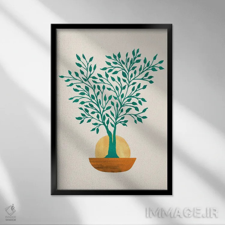 تابلو مدرن غروب زمردی انتزاعی اثر مدرن تروپیکال - نمای قابدار مشکی