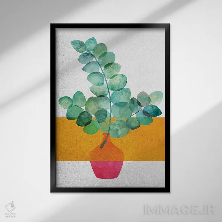 تابلو مینیمال اوکالیپتوس و نور خورشید اثر مدرن تروپیکال - نمای قابدار مشکی