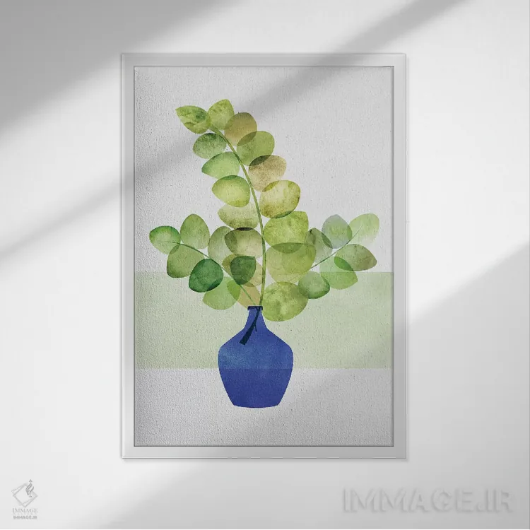 تابلو مینیمال مطالعه اوکالیپتوس اثر مدرن تروپیکال - نمای قابدار سفید