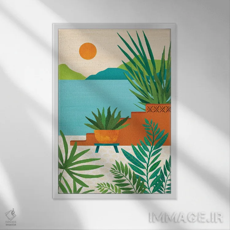 تابلو مدرن غروب ساحل بالی اثر مدرن تروپیکال - نمای قابدار سفید