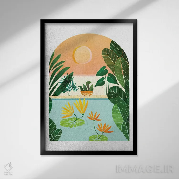 تابلو مدرن طلوع باغ گرمسیری اثر مدرن تروپیکال - نمای قابدار مشکی