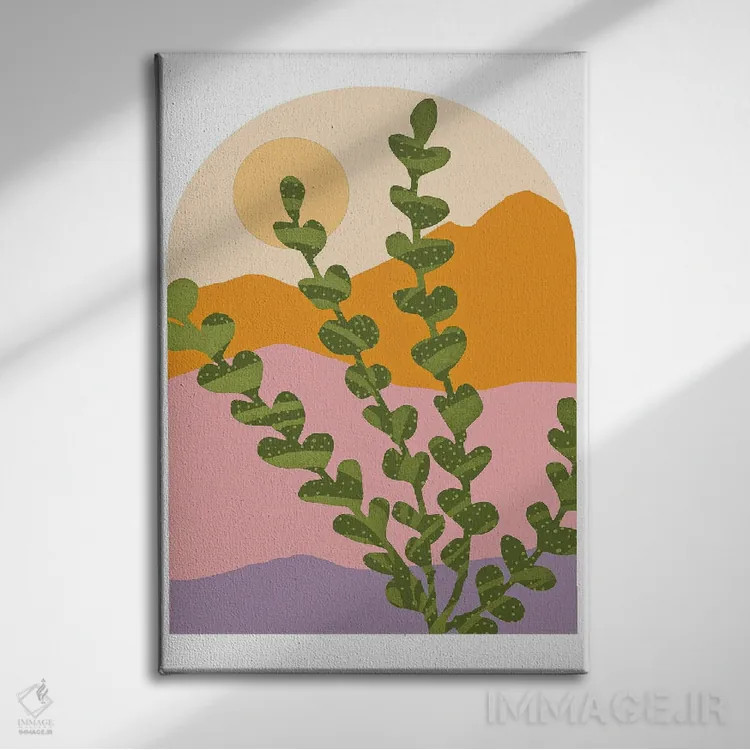 تابلو مینیمال کوه های عصر تابستان اثر مدرن تروپیکال - نمای روبهرو روی دیوار