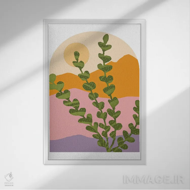 تابلو مینیمال کوه های عصر تابستان اثر مدرن تروپیکال - نمای قابدار سفید