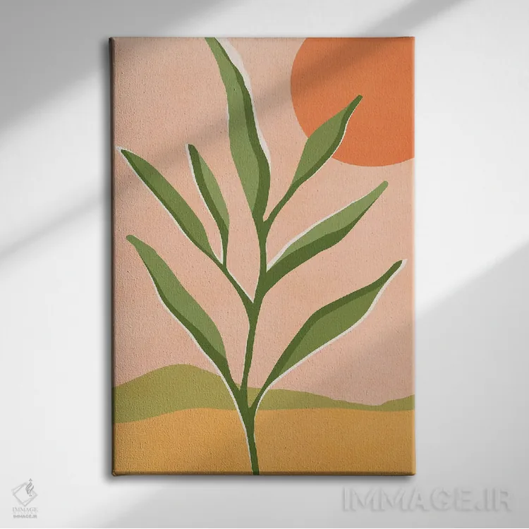 تابلو مینیمال خورشید و گیاه گوشتی اثر مدرن تروپیکال - نمای روبهرو روی دیوار