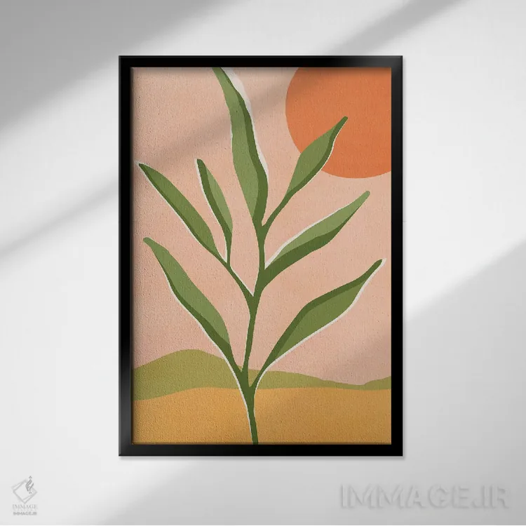 تابلو مینیمال خورشید و گیاه گوشتی اثر مدرن تروپیکال - نمای قابدار مشکی