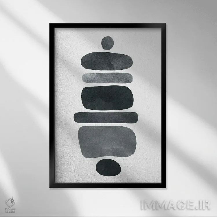 تابلو مینیمال تعادل جسورانه اثر مدرن تروپیکال - نمای قابدار مشکی