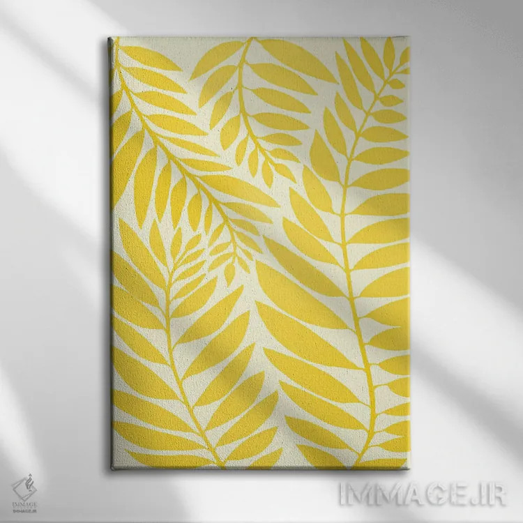 تابلو مینیمال برگ های زرد طلایی اثر مدرن تروپیکال - نمای روبهرو روی دیوار