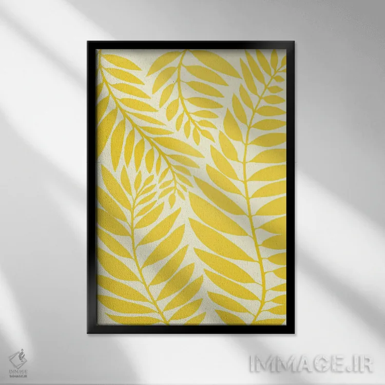 تابلو مینیمال برگ های زرد طلایی اثر مدرن تروپیکال - نمای قابدار مشکی