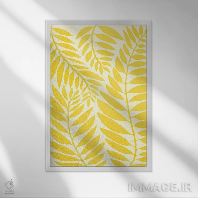 تابلو مینیمال برگ های زرد طلایی اثر مدرن تروپیکال - نمای قابدار سفید