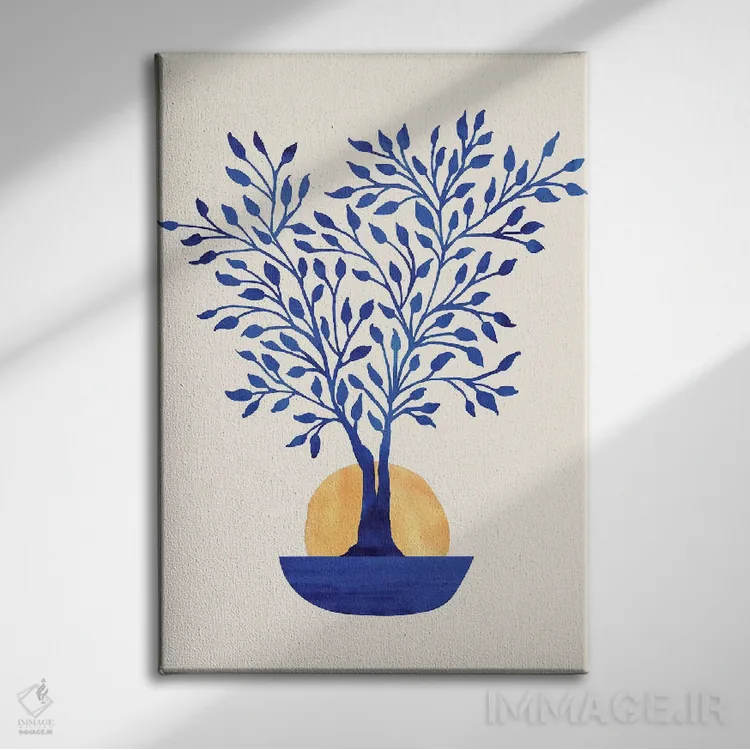 تابلو مینیمال طلوع فیکوس نیلی اثر مدرن تروپیکال - نمای روبهرو روی دیوار